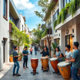 A modern and clean neighborhood with a vibrant atmosphere