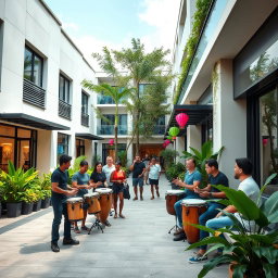A modern and clean neighborhood with a vibrant atmosphere