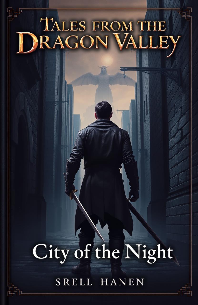 A dark fantasy themed book cover featuring a human figure seen from the back, standing in an eerie city street