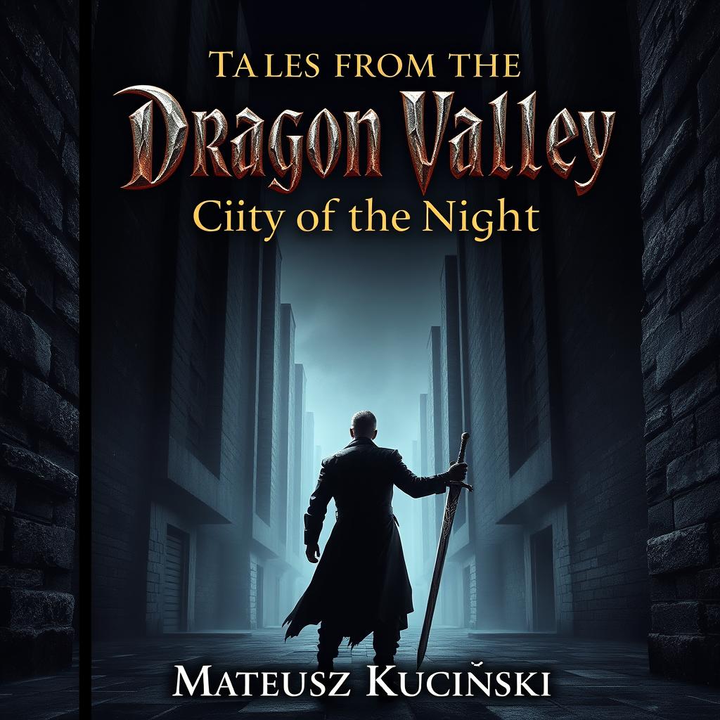 A dark fantasy themed book cover featuring a human figure seen from the back, gazing into the distance while standing alone in a shadowy city street