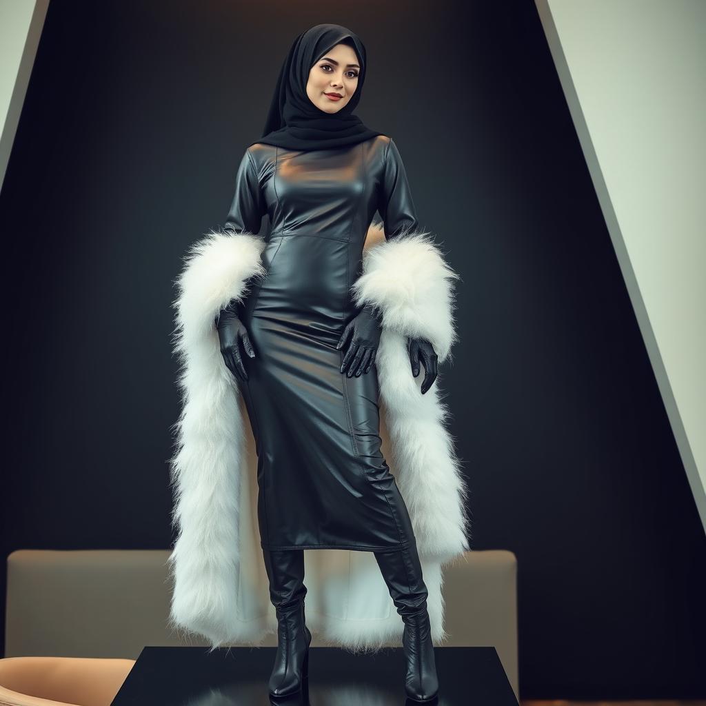 A woman wearing a hijab and niqab, dressed in a form-fitting black leather abaya with white fur accents