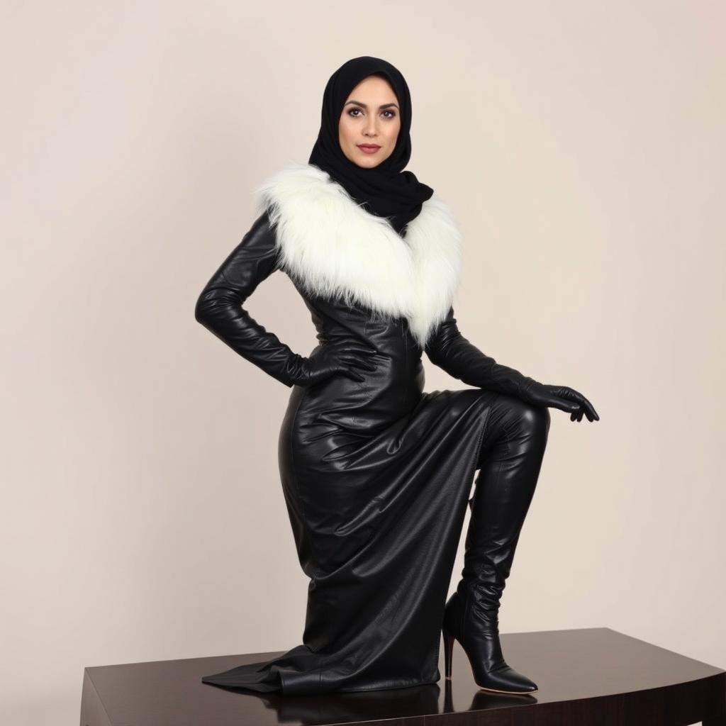 A striking Arab woman wearing a hijab and niqab, dressed in a sleek, form-fitting black leather abaya adorned with white fur accents at the collar