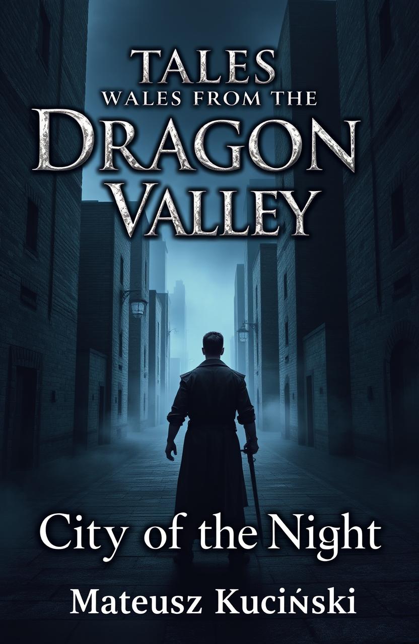 A dark fantasy themed book cover featuring a human figure standing alone in a deserted city street, viewed from the back