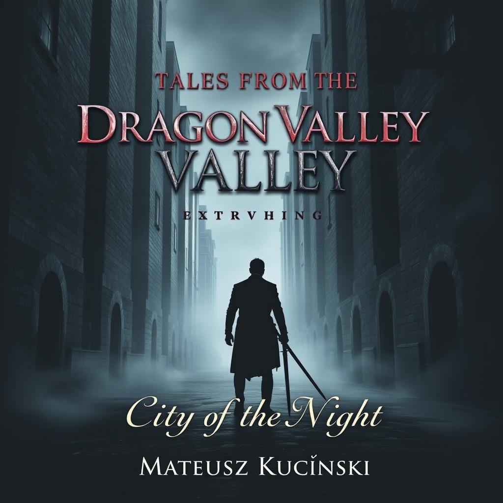A dark fantasy themed book cover featuring a human figure standing alone in a deserted city street, viewed from the back