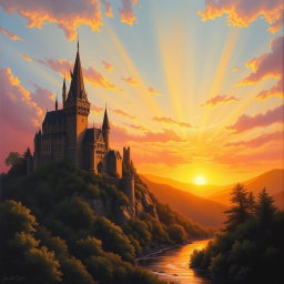 A majestic medieval castle perched on a hilltop during a breathtaking sunset, radiating warm hues of orange, pink, and purple in the sky