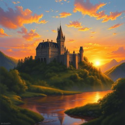 A majestic medieval castle perched on a hilltop during a breathtaking sunset, radiating warm hues of orange, pink, and purple in the sky
