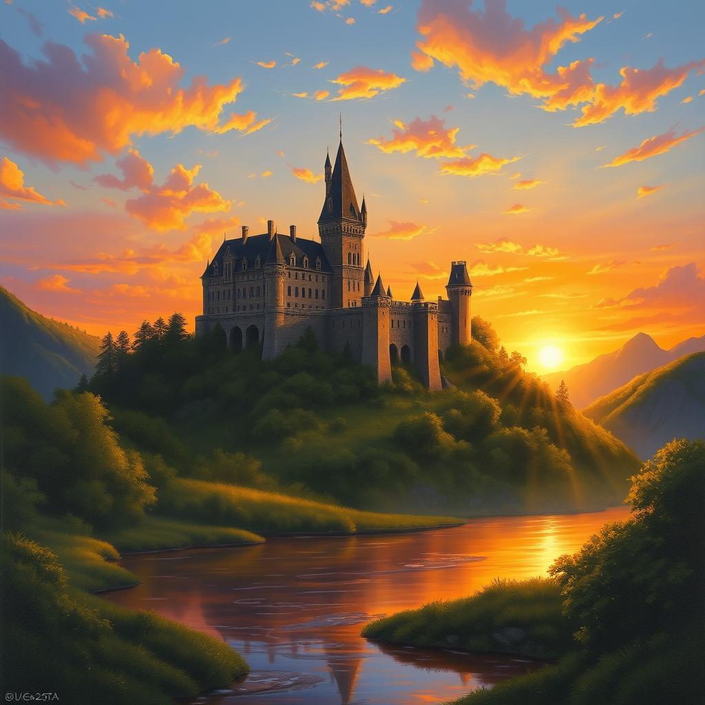 A majestic medieval castle perched on a hilltop during a breathtaking sunset, radiating warm hues of orange, pink, and purple in the sky