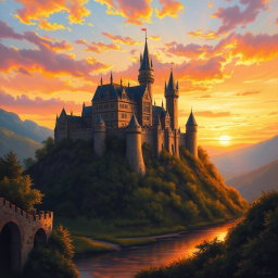 A majestic medieval castle perched on a hilltop during a breathtaking sunset, radiating warm hues of orange, pink, and purple in the sky