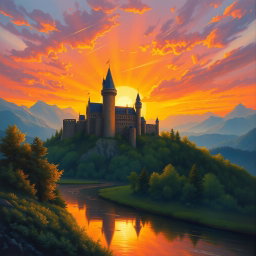 A majestic medieval castle perched on a hilltop during a breathtaking sunset, radiating warm hues of orange, pink, and purple in the sky