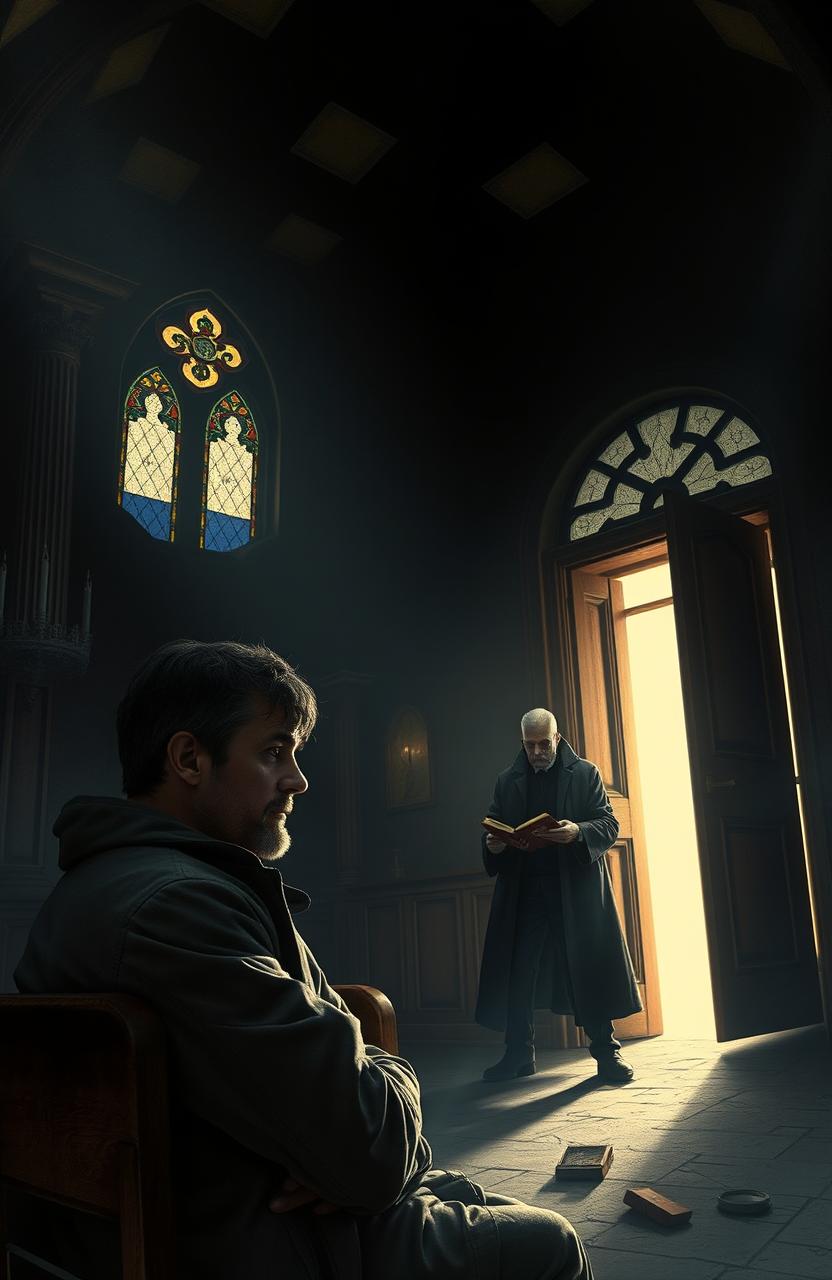 A gripping scene from a detective story featuring a troubled detective with a rugged appearance, sitting in a dimly lit temple, lost in prayer after the tragic death of his beloved