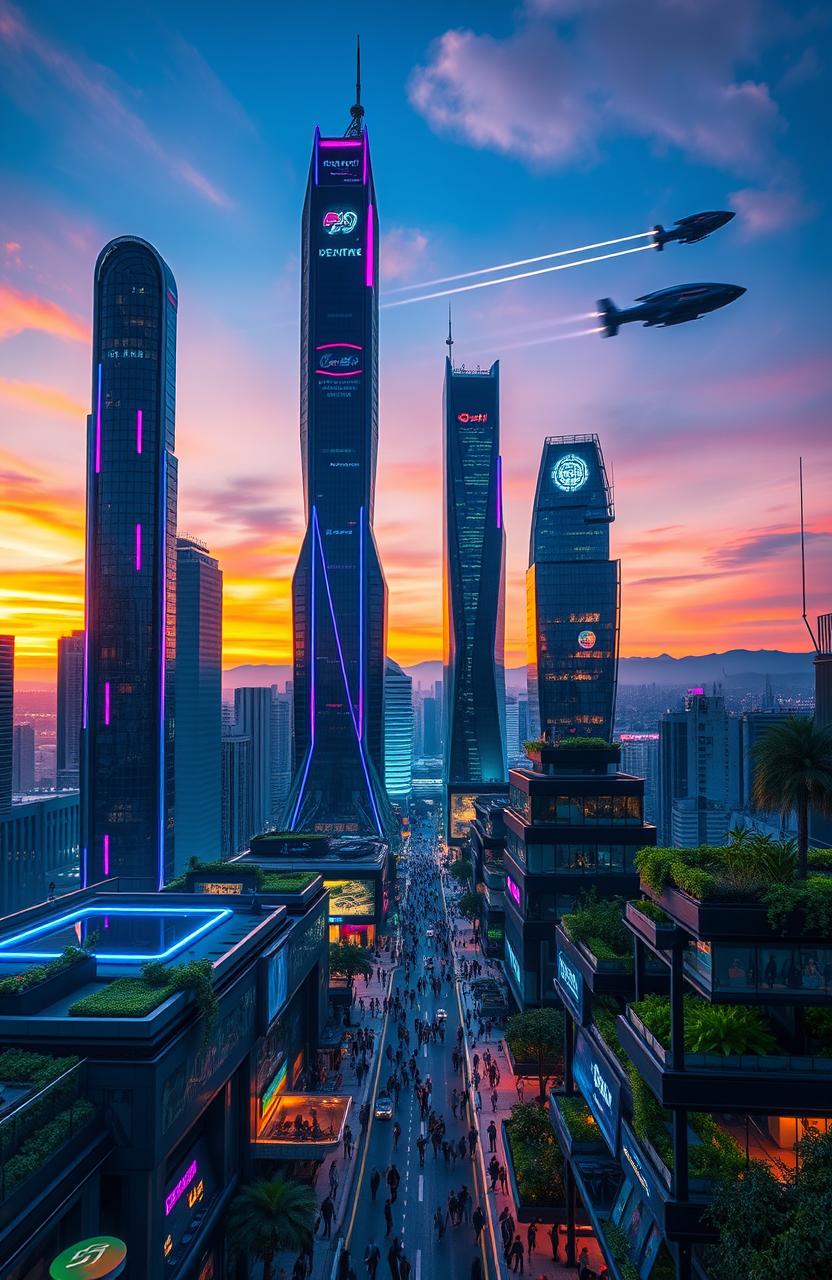 A stunning futuristic cityscape at dusk, with towering skyscrapers made of glass and steel, bathed in vibrant neon lights of blue, pink, and green