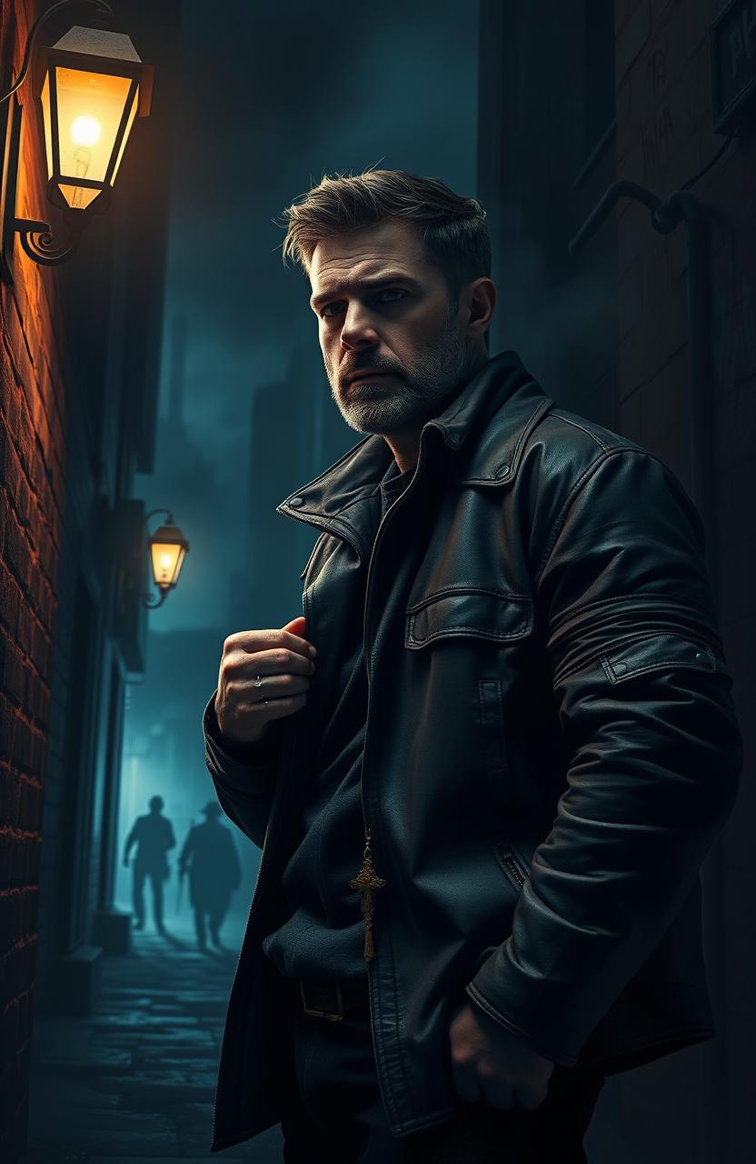 An intense and gripping scene depicting Gabriel, a rugged and reflective former criminal, standing in a dimly lit alley, haunted by shadows of his past