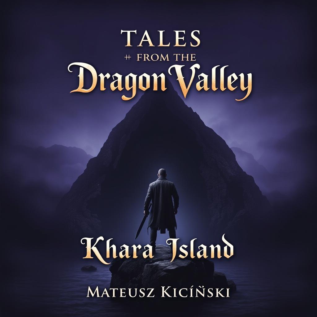 A dark fantasy themed book cover featuring a lone human figure standing slightly to the left in the foreground, facing the ominous entrance of a dark cave