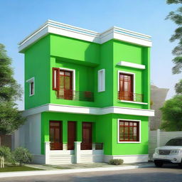 A duplex house with dimensions of 35 by 32 square feet, painted in a vibrant green color.