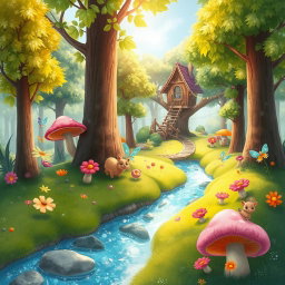 A whimsical and friendly fantasy forest landscape, filled with vibrant colors and magical elements