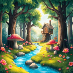 A whimsical and friendly fantasy forest landscape, filled with vibrant colors and magical elements