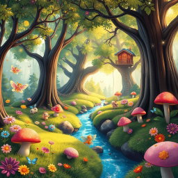 A whimsical and friendly fantasy forest landscape, filled with vibrant colors and magical elements