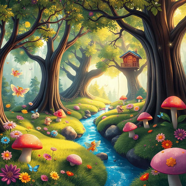 A whimsical and friendly fantasy forest landscape, filled with vibrant colors and magical elements