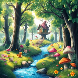 A whimsical and friendly fantasy forest landscape, filled with vibrant colors and magical elements