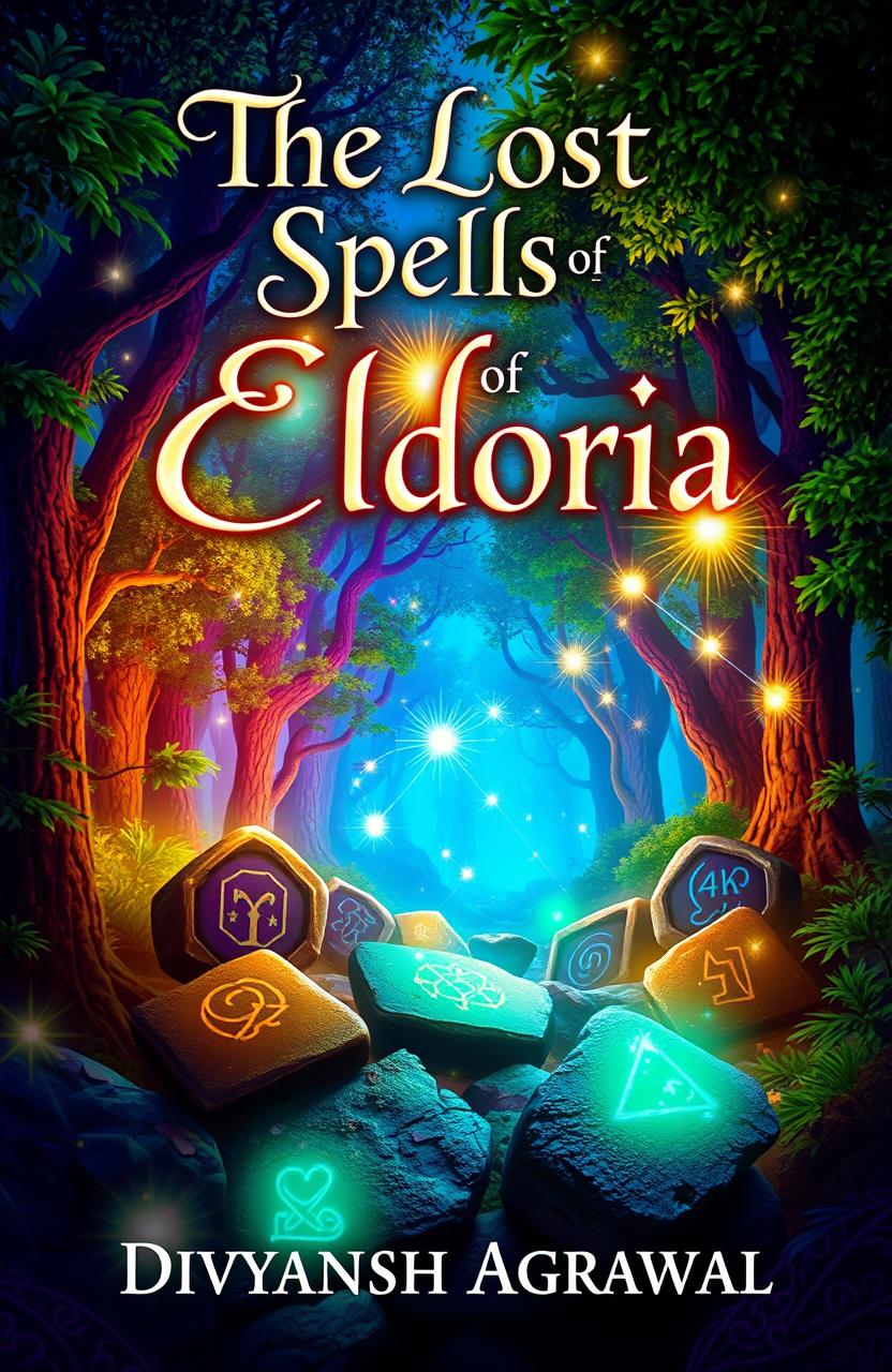 A captivating book cover design for 'The Lost Spells of Eldoria' by Divyansh Agrawal