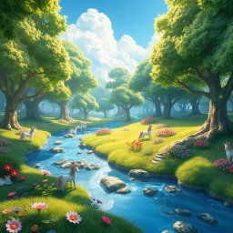 A fantastical forest landscape designed for a game, showcasing several expansive wide views