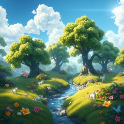 A fantastical forest landscape designed for a game, showcasing several expansive wide views