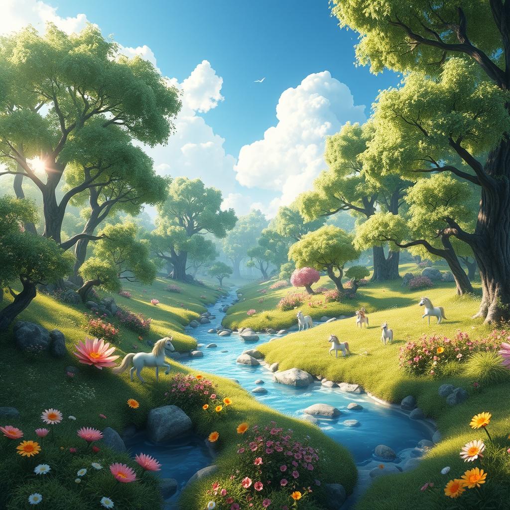 A fantastical forest landscape designed for a game, showcasing several expansive wide views