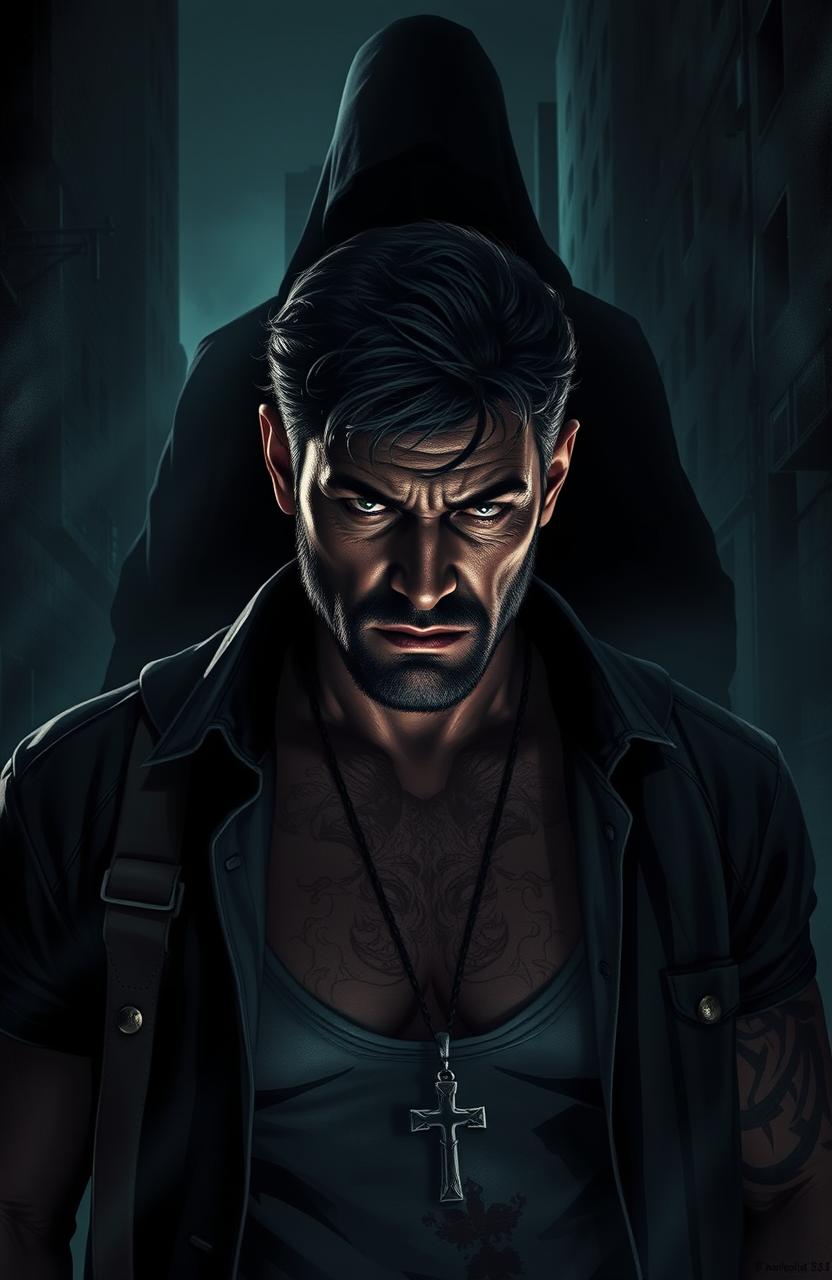 An intense and gripping scene depicting Gabriel, a rugged former criminal deeply troubled by his past, surrounded by dark shadows representing his internal struggle