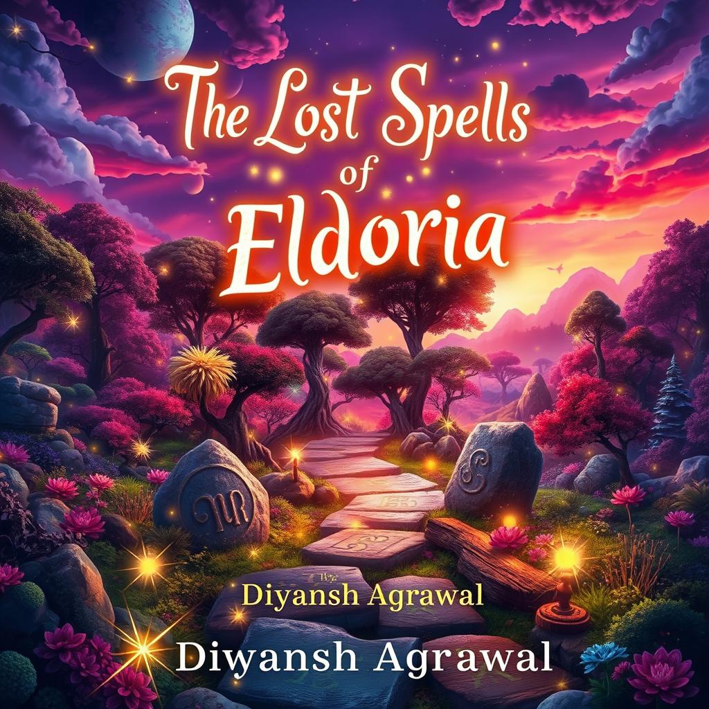 A stunning book cover for 'The Lost Spells of Eldoria' by Divyansh Agrawal