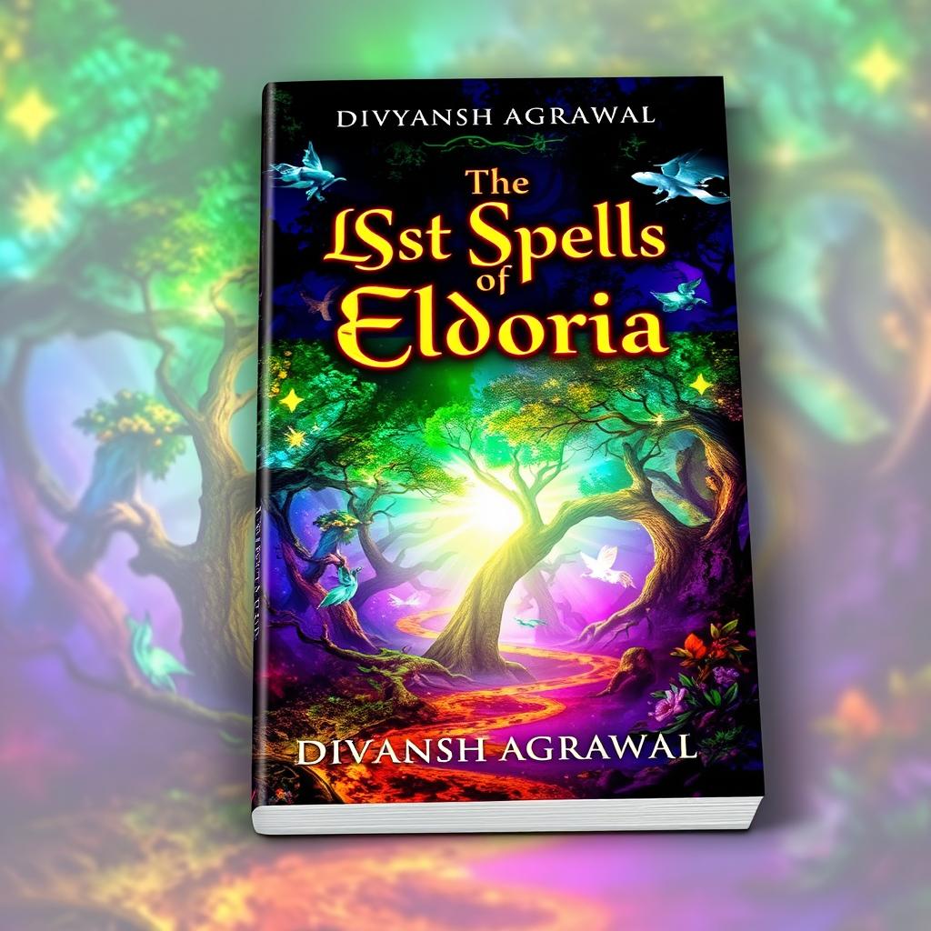 A visually striking book cover for 'The Lost Spells of Eldoria' by Divyansh Agrawal