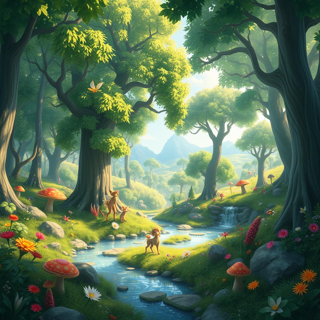 A fantastical friendly forest landscape designed for a game, featuring expansive wide views of lush greenery, vibrant flowers, and towering trees with whimsical shapes