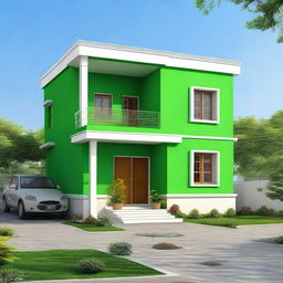 A duplex house with dimensions of 35 by 32 square feet, painted in a vibrant green color.