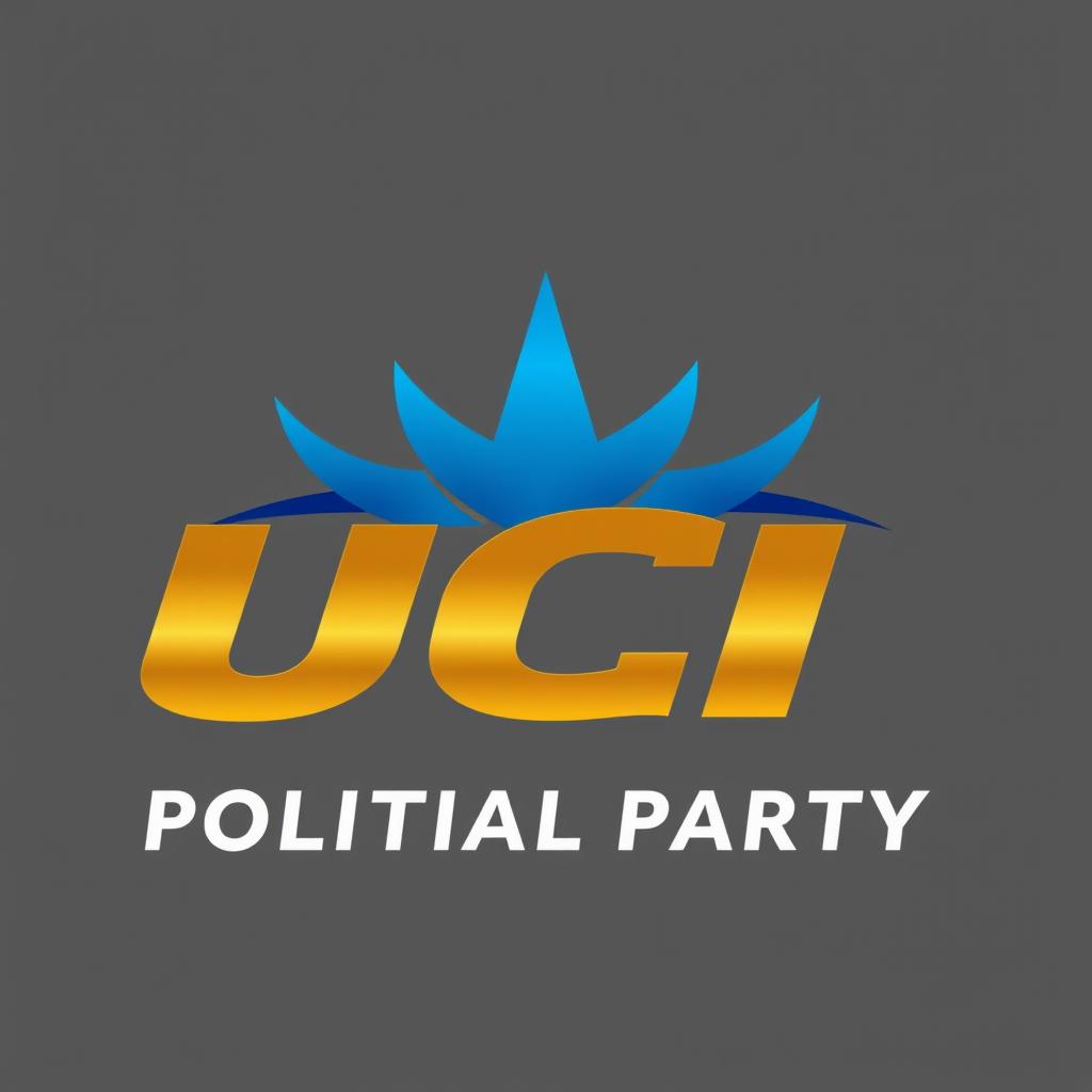 An impactful and strong political party logo featuring the colors gold and blue, prominently displaying the name 'UCI' in a bold and striking font