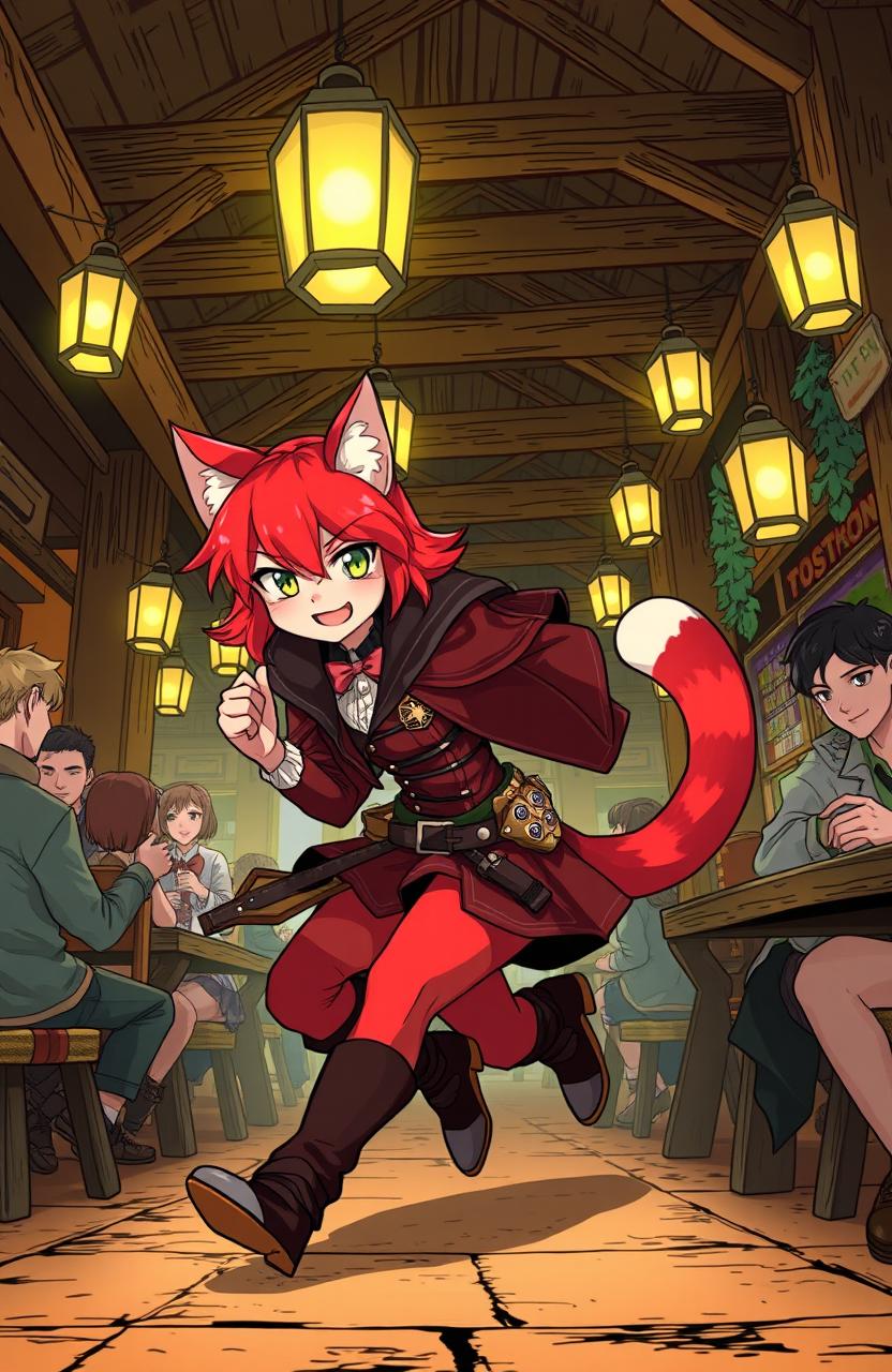 A cat girl thief with vibrant red fur, wearing a stylish yet stealthy outfit, playfully sneaking through a bustling tavern