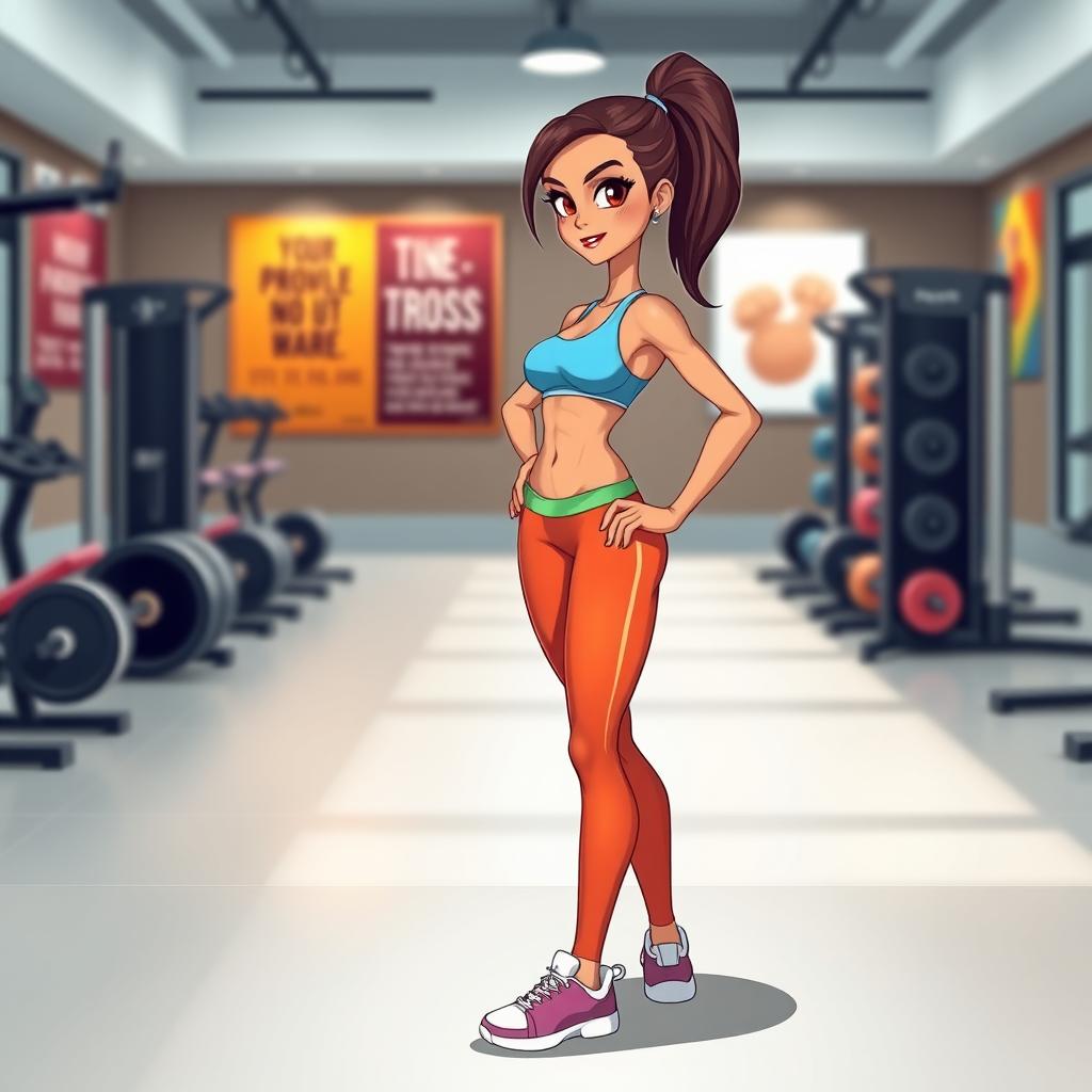 A stylized character with a petite, toned gym body, showcasing defined muscles and an athletic posture