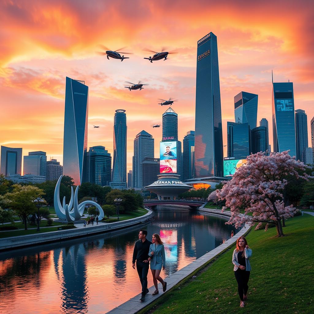 A futuristic city skyline at sunset, featuring sleek glass skyscrapers reflecting the warm colors of the sky, with flying cars zipping through the air