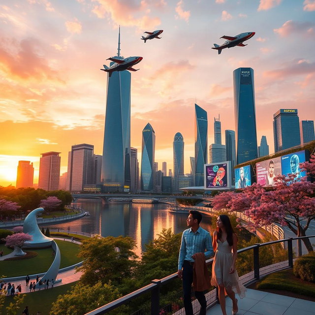 A futuristic city skyline at sunset, featuring sleek glass skyscrapers reflecting the warm colors of the sky, with flying cars zipping through the air