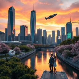 A futuristic city skyline at sunset, featuring sleek glass skyscrapers reflecting the warm colors of the sky, with flying cars zipping through the air
