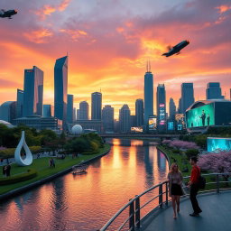 A futuristic city skyline at sunset, featuring sleek glass skyscrapers reflecting the warm colors of the sky, with flying cars zipping through the air