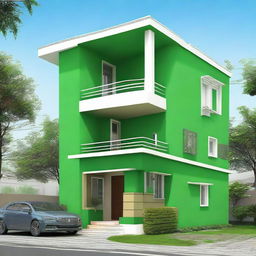 A duplex house with dimensions of 35 by 32 square feet, painted in a vibrant green color.