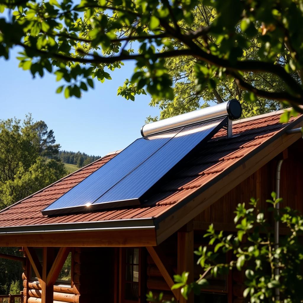 A solar water heating panel installed on the roof of a house, surrounded by nature