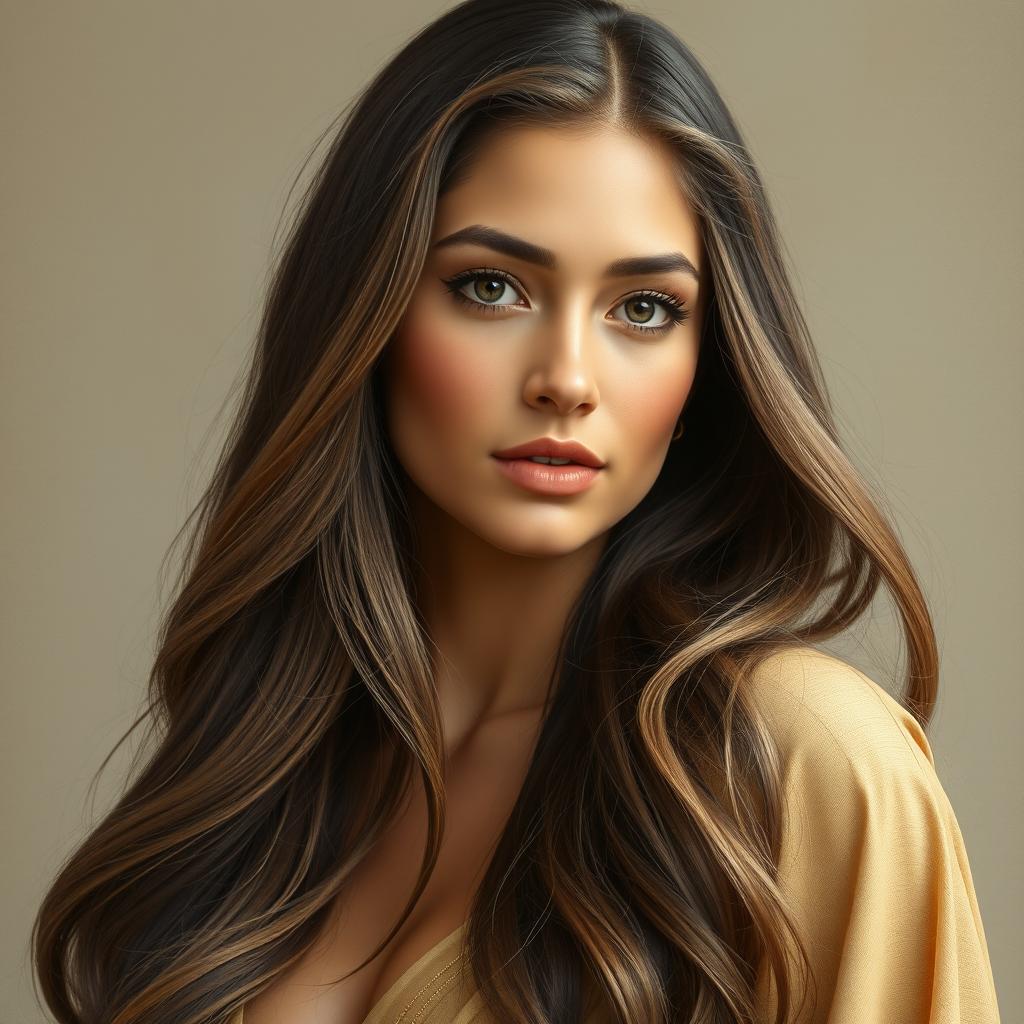 A portrait of Rudabeh, an exceptionally beautiful woman with long, flowing hair that cascades down her shoulders