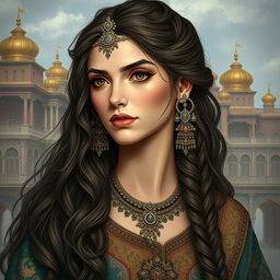 A portrait of Tahmineh, a character from the Shahnameh, depicted with striking beauty and intelligence