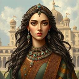 A portrait of Tahmineh, a character from the Shahnameh, depicted with striking beauty and intelligence