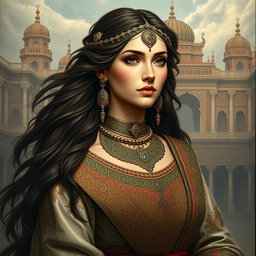 A portrait of Tahmineh, a character from the Shahnameh, depicted with striking beauty and intelligence