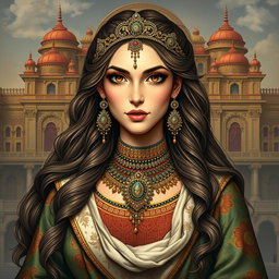 A portrait of Tahmineh, a character from the Shahnameh, depicted with striking beauty and intelligence