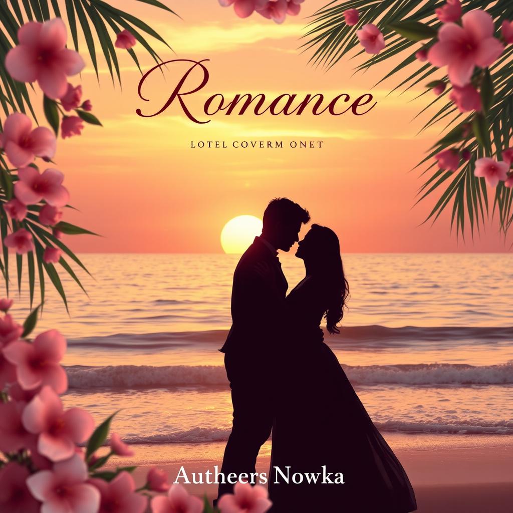 An enchanting book cover for a romance novel, featuring a dreamy sunset over a calm ocean, with soft waves lapping at the shore