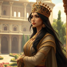 A beautiful and strong Persian princess, Rudabeh, from the Shahnameh epic, standing confidently in her royal attire