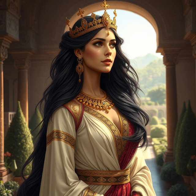 A beautiful and strong Persian princess, Rudabeh, from the Shahnameh epic, standing confidently in her royal attire