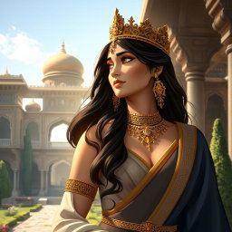 A beautiful and strong Persian princess, Rudabeh, from the Shahnameh epic, standing confidently in her royal attire